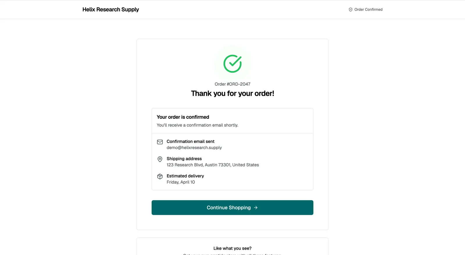 Demo store — Confirmation view